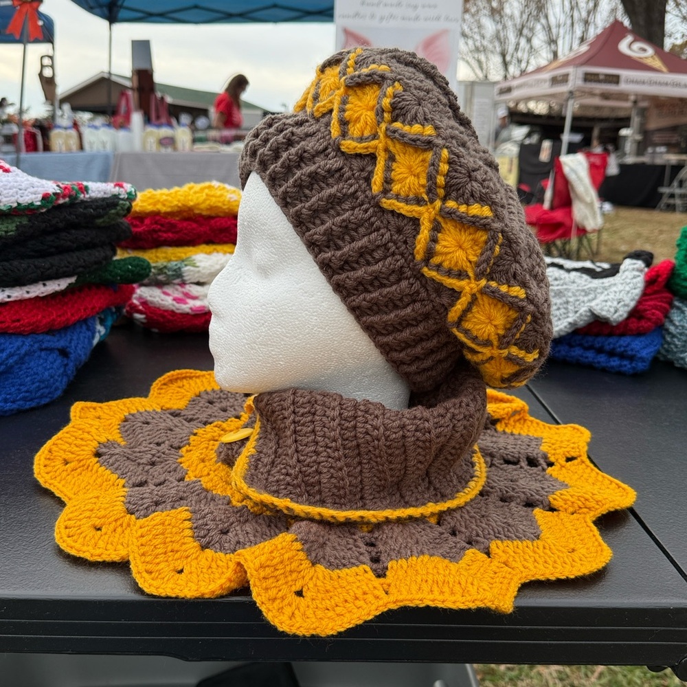 Brown Crochet Beret with Yellow Accents